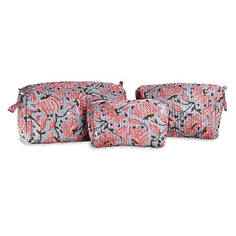 Grey Floral Toiletry Pouch Combo Set of 3 pieces