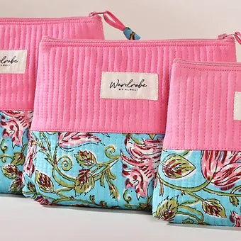 Pink Floral Turquoise Green Utility Pouch Combo Set