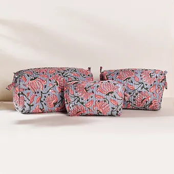 Grey Floral Toiletry Pouch Combo Set of 3 pieces