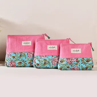 Pink Floral Turquoise Green Utility Pouch Combo Set