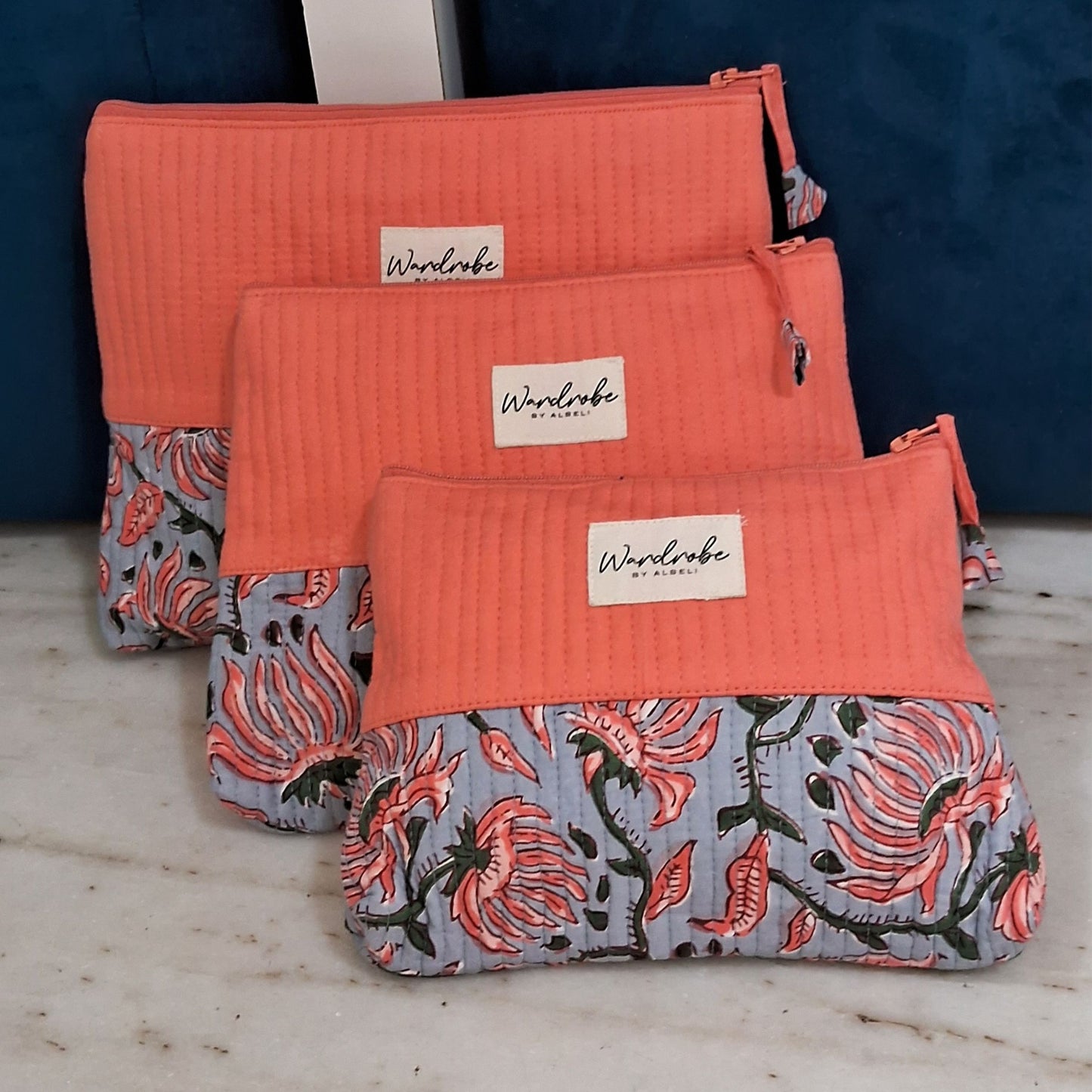Salmon Floral Grey Utility Pouch Combo Set of 3 pieces.