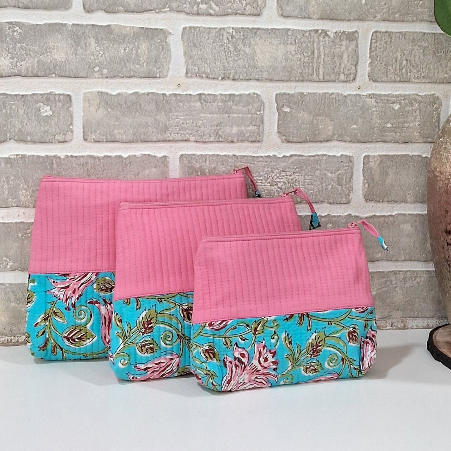 Pink Floral Turquoise Green Utility Pouch Combo Set